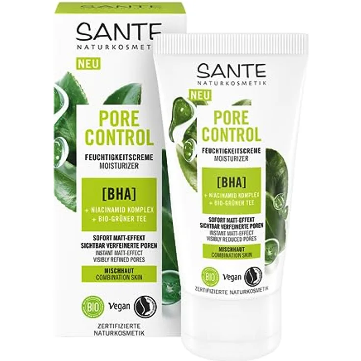 SANTE Naturkosmetik Pore Control BHA Feuchtigkeitscreme mit Bio-Grüner Tee, mattierende Tagescreme für Mischhaut, 50ml