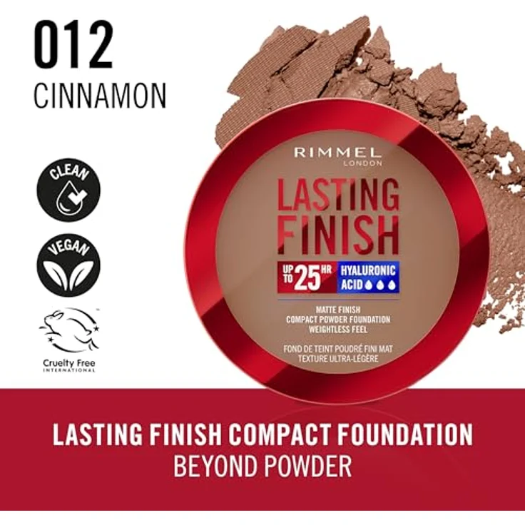 Rimmel London Lasting Finish 12 Cinnamon Compact Foundation, Soft-Focus, mattes Finish, vollständige Abdeckung, SPF20, vegane Formel, 7 g – Bild 2