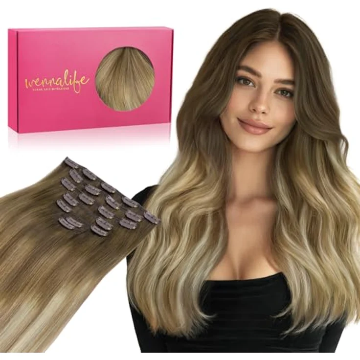 WENNALIFE Clip in Extensions Echthaar, 45cm, 120g, 7pcs, Ombré Walnuss Braun bis Ash Braun und Bleach Blonde, Remy Haarverlängerung – Bild 1