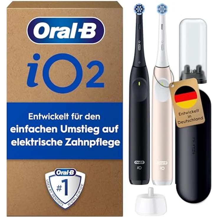 Oral-B iO Series 2, Elektrische Zahnbürste mit 3 Putzmodi, DUO Pack in Night Black und Calm Pink, inkl. Reise-Etui und Aufsteckbürsten-Etui – Bild 1