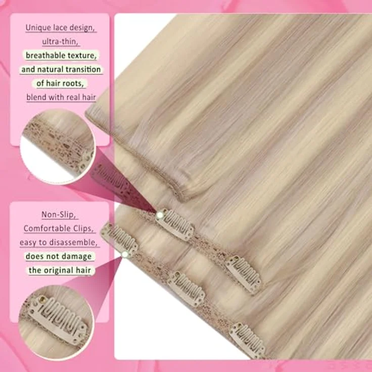 YoungSee Echthaar Extensions Clip 55 cm, Aschblond mit Erdbeerblond Clips, 120g Haarverlängerungen, optimale Gewichtsverteilung, hitzebeständig bis 180 °C – Bild 3