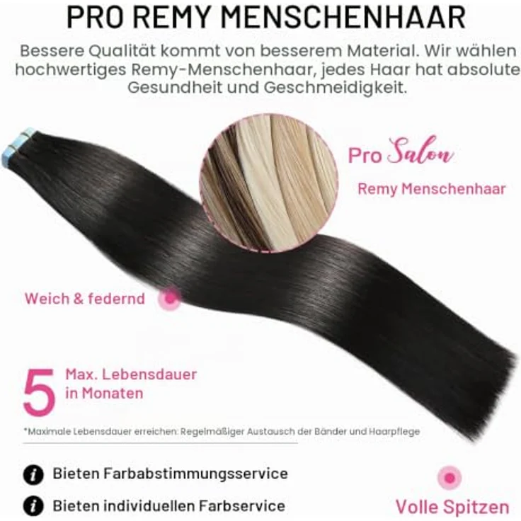 SUYYA Tape Extensions Echthaar 16 Zoll 40 cm, #1B Natürliches Schwarz, Remy Haar mit professionellem blauen Kleber – Bild 4