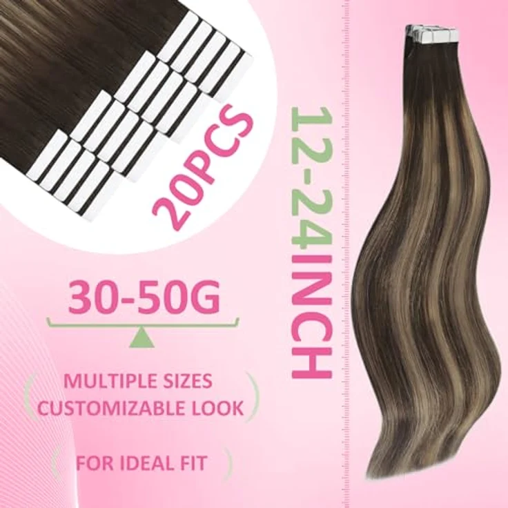 YoungSee Tape-In Extensions, Echthaar Ombre Dunkelbraun/Karamellblond, 30 cm – Ultraleicht, Invisible Tape, mit Ersatzklebebändern – Bild 3