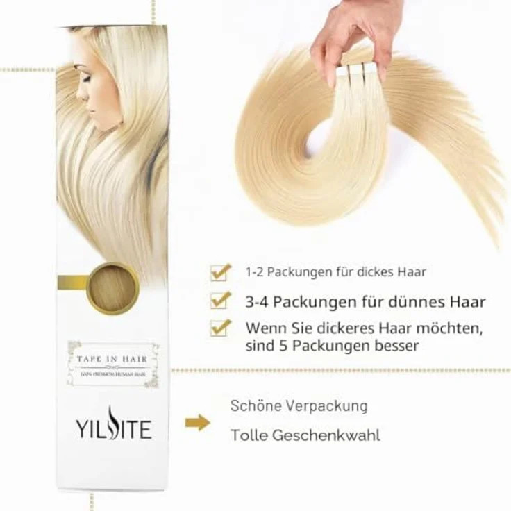 YILITE Tape Extensions Echthaar 45cm #613 Bleichblond, 20 Stück/Packung, 50g, seidig gerade, unsichtbares Klebeband, wiederverwendbar – Bild 4