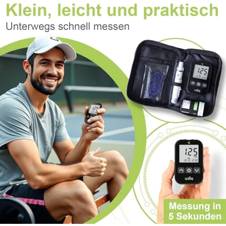 adia Blutzuckermessgerät mit 60 Teststreifen, 10 Lanzetten, Stechhilfe und Etui - genaue Messwerte in mg/dL, einfach zu bedienen, schmerzfreies Stechen – Bild 3