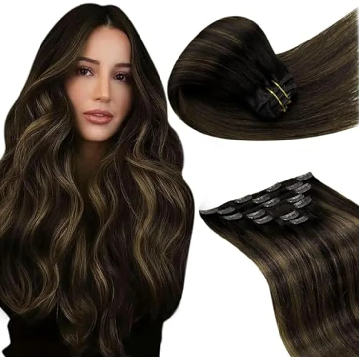 LaaVoo Clip in Extensions Echthaar #2/8/2, Doppelt Tressen Haarverlängerung 105g 50cm in Braun mit Hellbraun Balayage und Ombre