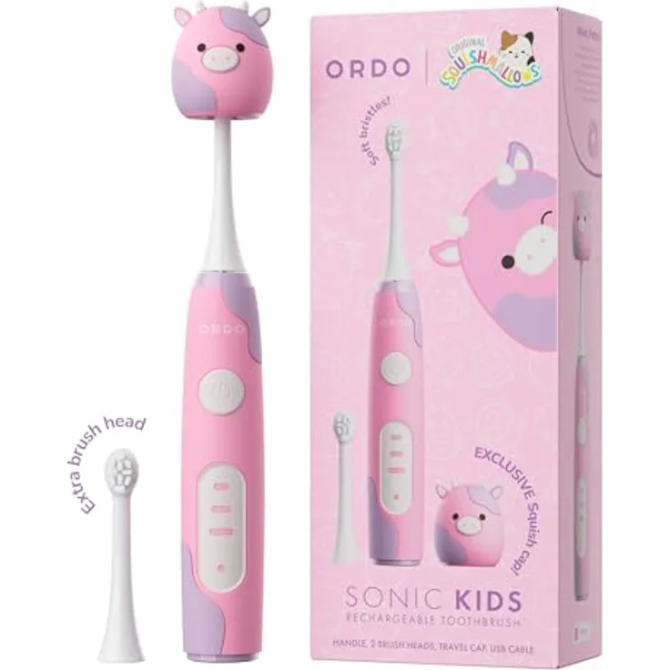 Powery Ordo Sonic Kids Zahnbürste Patty, wiederaufladbare Zahnbürste mit 3 Bürstemodi, geeignet für Kinder ab 4 Jahren, inkl. abgerundeten und ovalen Pinselköpfen, USB-C-Laden, antimikrobielle Reisekappe
