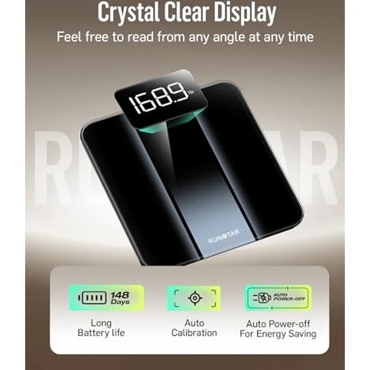 RunStar Digitale Personenwaage mit LED-Display, hohe Präzision bis 400 lb, 6 mm gehärtetes Glas, automatische Kalibrierung – Bild 4
