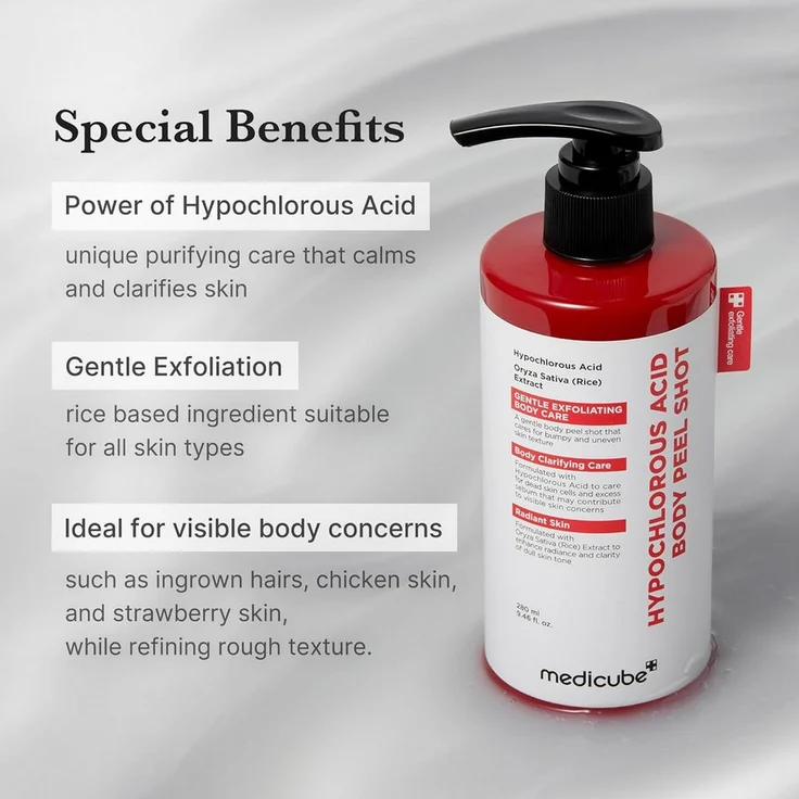 Medicube Bodylotion Hypochlorous Acid Body Peel Shot 280ml – Körperpeeling gegen Bacne, ölfrei und parabenfrei, mit Reisextrakt und Centella Asiatica für empfindliche Haut