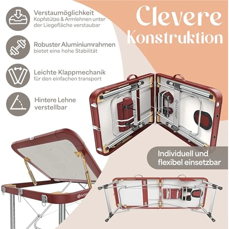KESSER® Massageliege 3 Zonen, klappbar und verstellbar bis 250kg, tragbare Kosmetikliege mit Aluminium-Kopfstütze, Armlehne, Anti-Rutsch-Füßen, 60cm, Bordeaux – Bild 5