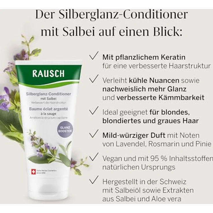 RAUSCH Silberglanz-Conditioner, 150 ml – kühle Nuancen & Neutralisierung des Gelbstichs für blondes & graues Haar, vegan & silikonfrei, hergestellt in der Schweiz – Bild 3