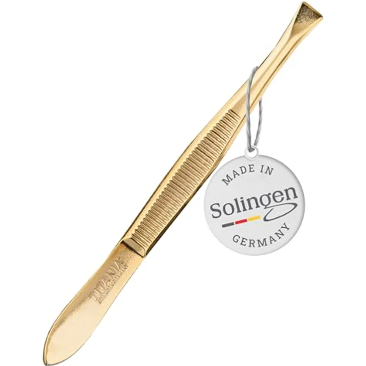 TITANIA Pinzette aus Solingen, vergoldet, 8 cm, Augenbrauen-Pinzette mit gerader breiter Spitze, Made in Germany, extra präzise für Haarentfernung – Bild 1