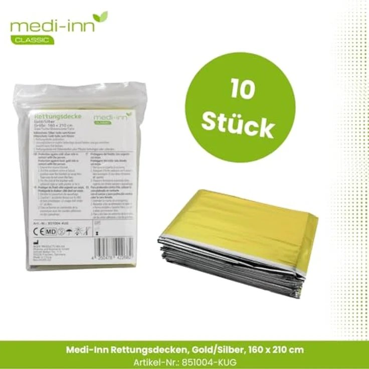 Medi-Inn Erste-Hilfe-Set Rettungsdecke, 160 x 210 cm, gold/silber, 10 Stück, ultradünn und widerstandsfähig für Kälteschutz und Hitzeschutz – Bild 2