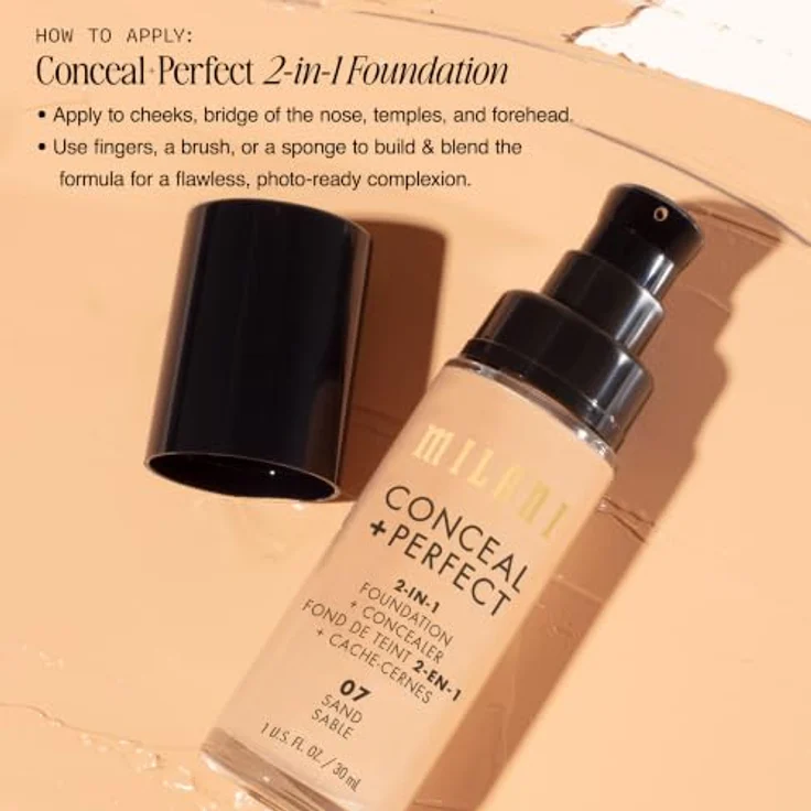 Milani Conceal + Perfect 2in1 Foundation, wasserfeste, cremige Foundation, 30 ml, Sand/07 – Bild 5