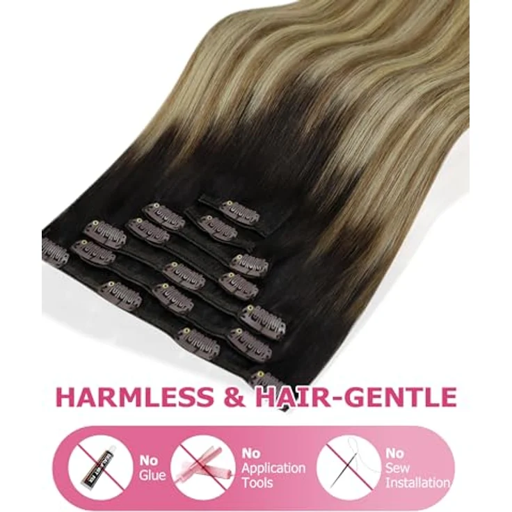 YoungSee Echthaar Extensions Clip, 30 cm Balayage Dunkelbraun Ombre Braun Blond, 80g, 7-teilige Clips-in Haarverlängerung für Damen – Bild 4