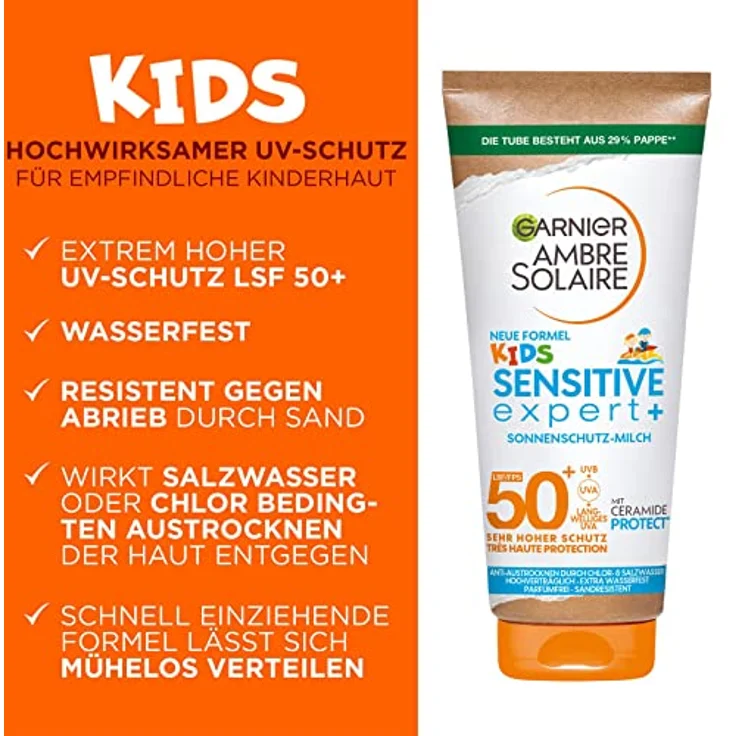 Garnier Sonnenschutzmilch mit LSF 50+ für Kinder, Sonnencreme mit sehr hohem Sonnenschutz, Anti-Austrocknung der Haut, Ambre Solaire Kids Sensitive expert+, 1 x 175 ml – Bild 2