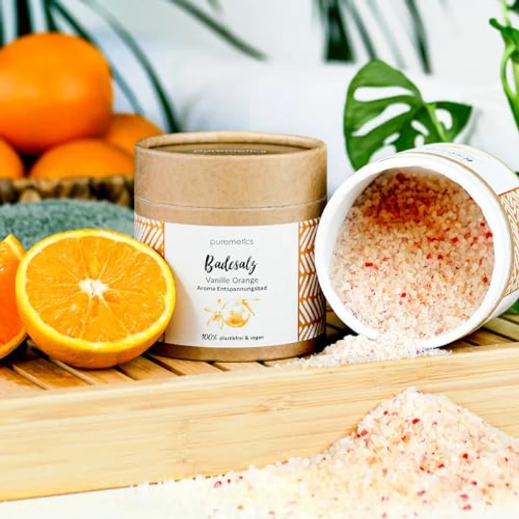 puremetics Badesalz - Vanille-Orange, 400 g, Aromatherapie für die Badewanne, Totes Meer Salz, fruchtig-warmer Duft – Bild 2