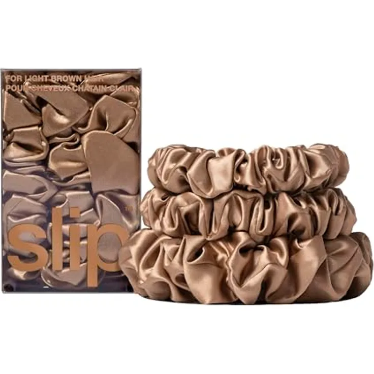 SLIP Silk Back to Basics 3-teiliges Haargummi-Set aus 100% Maulbeerseide - 2 x Scrunchies Mittel, 1 x Groß - Hellbraun