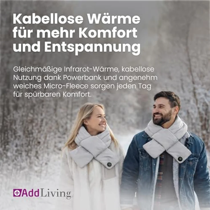 Addliving Kabelloser Wärmeschal, Beheizbarer Schal mit 5000 mAh Powerbank, Infrarot-Heizschal mit 3 Temperaturstufen, aufladbar über USB-C, 126 x 17 cm – Bild 2