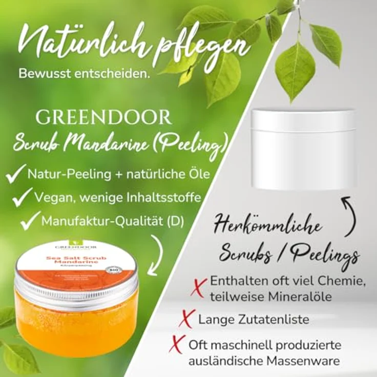 GREENDOOR Körperpeeling Meersalz Mandarine 280g, Naturkosmetik ohne Mikroplastik und Konservierungsstoffe, mit BIO Jojobaöl, Body Scrub, Natur Sauna-Salz – Bild 2