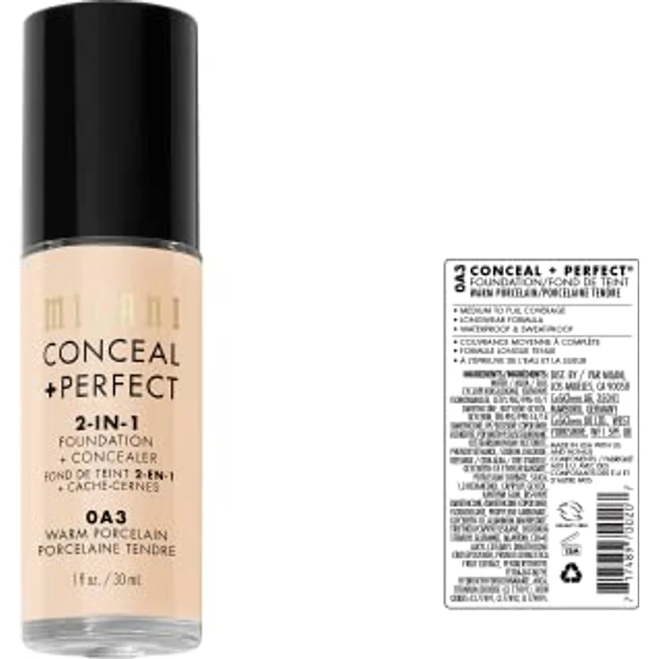 Milani Conceal + Perfect 2in1 Foundation, wasserfeste Foundation für einen gleichmäßigen Hautton, 30 ml, Warm Porcelain/0A3 – Bild 2