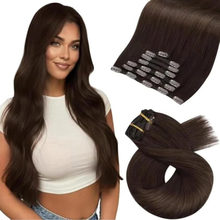 Moresoo Clip in Extensions Echthaar Dunkelbraun, 55 cm, 120g, 7 Stück, mit Edelstahlclips und optimalem Tragekomfort – Bild 1