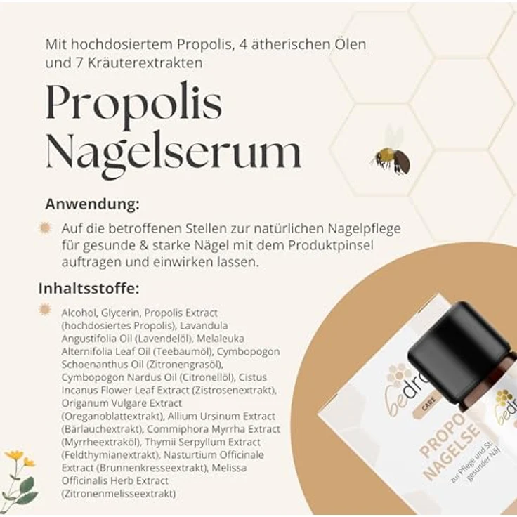 bedrop Propolis Nagelserum 10ml zur Nagelpflege & Stärkung natürlicher Nägel mit Propolis Teebaumöl Lavendelöl & weiteren Ölen, Glasverpackung, Made in Germany – Bild 5