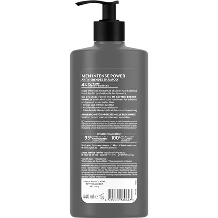 Syoss MEN Intense Power Aktivierendes Shampoo, 440 ml, Herren Shampoo mit 4% Koffein-Energy-Komplex für normales Haar, stimuliert Haarwurzeln – Bild 3