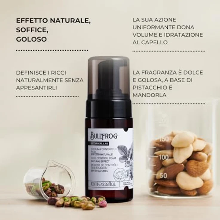 Bullfrog Lockenkontrolle Schaum 100 ml – Definiert Locken, verleiht Volumen und Feuchtigkeit – 91,7% natürliche Inhaltsstoffe – Süße Duftnoten von Pistazie und Mandel – Hergestellt in Italien – Bild 3
