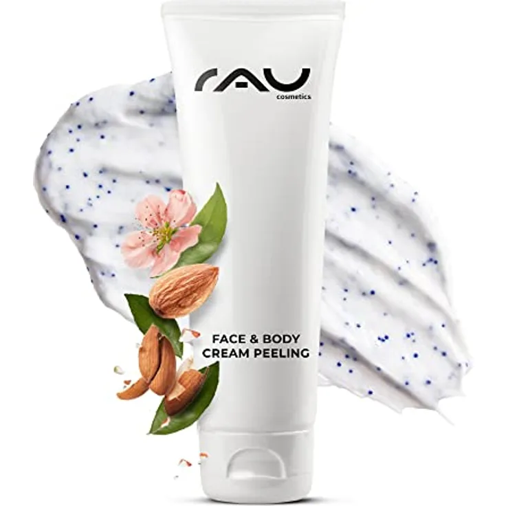 RAU Cosmetics Face & Body Cream Peeling 75 ml - tiefenreinigendes Peeling mit Mandelöl, Allantoin & Panthenol für Körper & Gesicht mit natürlichen Schleifpartikeln - normale Haut & Mischhaut