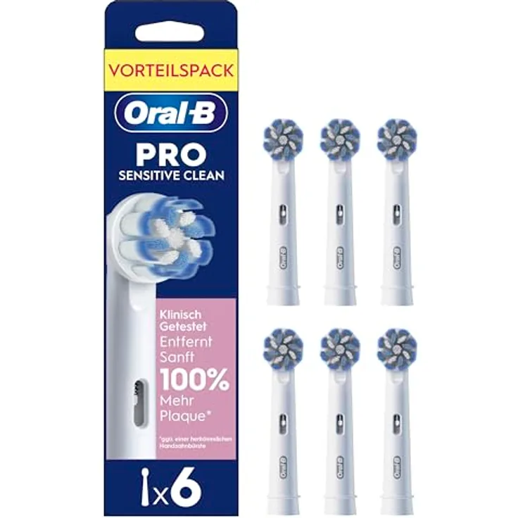 Oral-B Pro Sensitive Clean Aufsteckbürsten, ORIGINAL Zahnbürstenaufsatz mit X-förmigen Borsten, sanfte Zahnreinigung, 6 Stück, Weiß