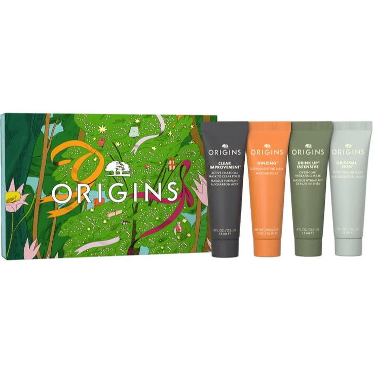 Origins Holiday Mini Masking Essentials Geschenkset, Gesichtsmasken-Set mit Reinigungs- und Feuchtigkeitsmasken, 4x15 ml
