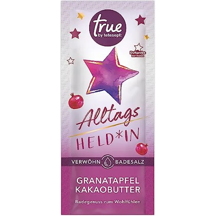 true by tetesept Alltagsheld*in Verwöhn-Badesalz – Veganer Badezusatz duftet nach Granatapfel und Kakaobutter – Wohltuender Badegenuss mit Pflegeformel – 10 x 50 g