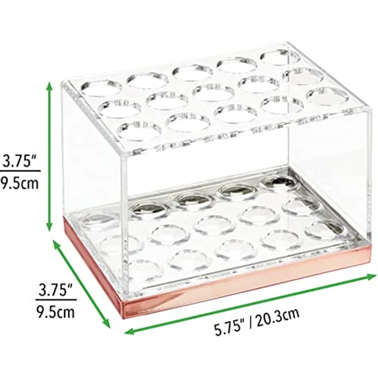 mDesign praktischer Kosmetik Organizer – dekorative Kosmetik Aufbewahrungsbox für Wimperntusche und Lippenstift – Ablage mit 15 Fächern zur Schminkaufbewahrung – durchsichtig und rotgold – Bild 4