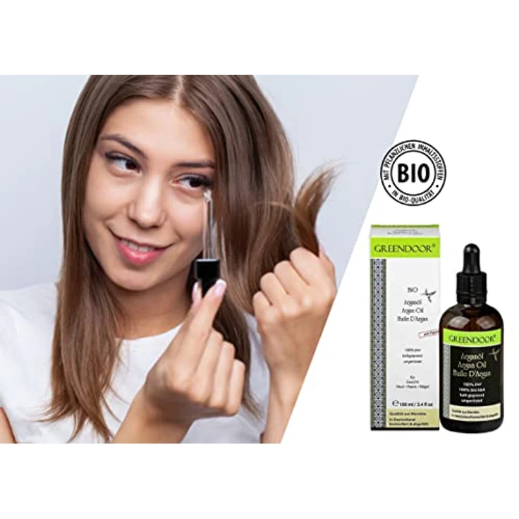 GREENDOOR reines Bio Arganöl 100ml Pipettenflasche, pur nativ kaltgepresst und vegan, Feuchtigkeit für Haare Haut Nägel Gesicht – Bild 4