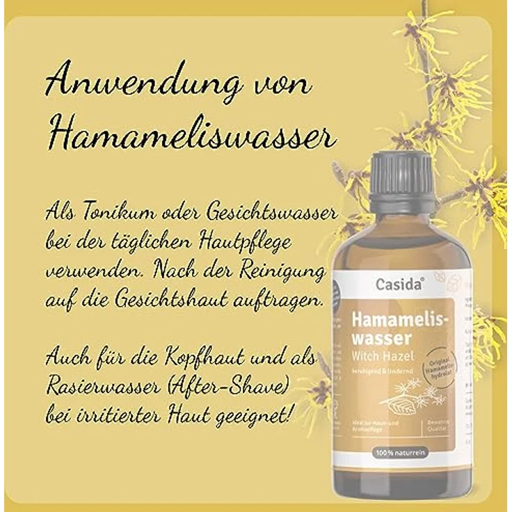 Casida® Hamameliswasser - Witch Hazel Water - Pflanzenwasser, natürliches Gesichtswasser, wirkt klärend und beruhigend bei Mischhaut - 100 ml – Bild 3