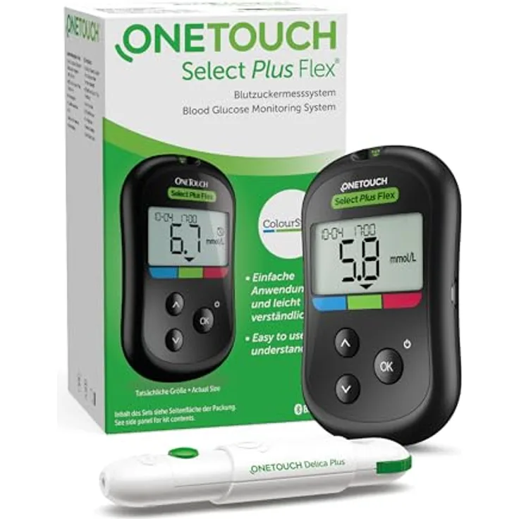 OneTouch Select Plus Flex® Blutzuckermessgerät, tragbares Testset mit 10 Teststreifen, Stechhilfe und Etui, mmol/L