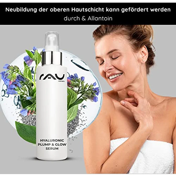 RAU Cosmetics Hyaluronic Plump & Glow Serum 100 ml | Anti-Aging Hyaluron Serum - reife Haut & trockene Haut | Konzentrat mit Allantoin, Urea, Milchsäure (AHA) und Sorbitol - Gesichtspflege mit straffendem und aufpolsterndem Effekt – Bild 2