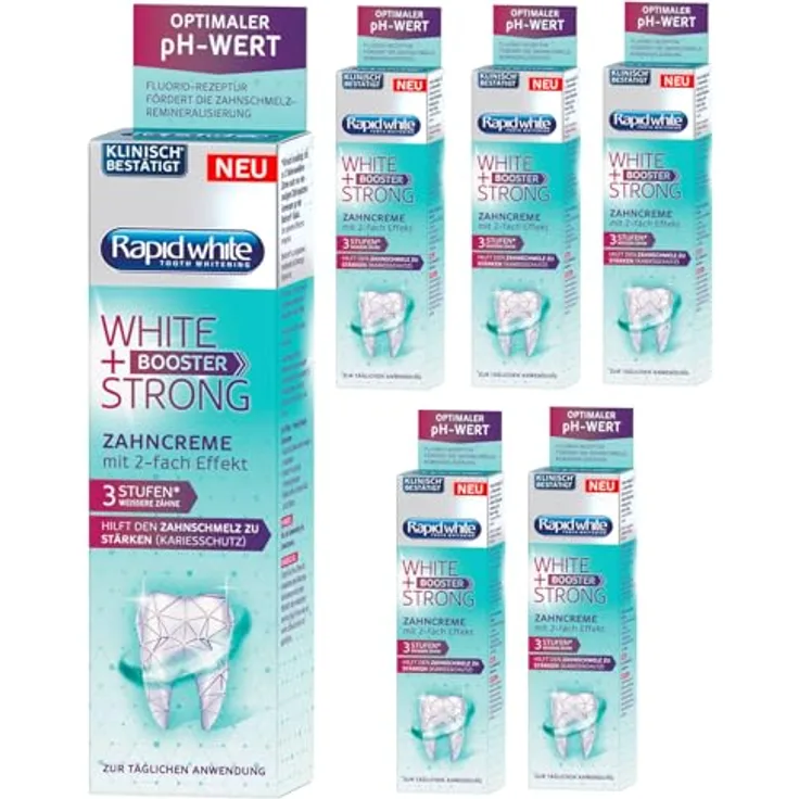 RAPIDWHITE Zahncreme Zahnpasta WHITE + STRONG BOOSTER 6x75 ml, für sofort weißere Zähne, mit optimalem pH-Wert, Kariesschutz