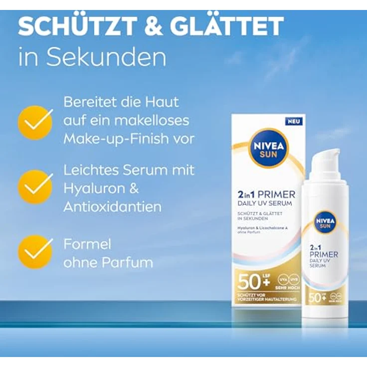 NIVEA SUN 2in1 Primer Daily UV Serum LSF 50+, parfümfreie Sonnencreme mit Hyaluron und Antioxidans, schnell einziehende Gesichtspflege, 30 ml – Bild 2
