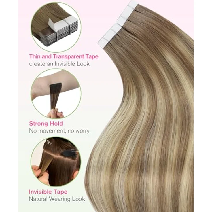 YoungSee Tape Extensions Echthaar Braun Ombre, 30 cm, 30 g, leichtes Design, langlebiger Halt mit Walker Tape, inklusive Ersatzklebebänder – Bild 5