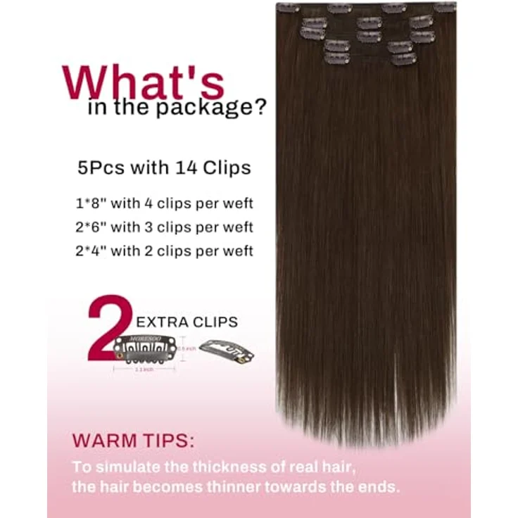 Moresoo Clip in Extensions Echthaar Dunkelbraun, Glattes 30 cm, 5 Stück, 80g – Bild 3
