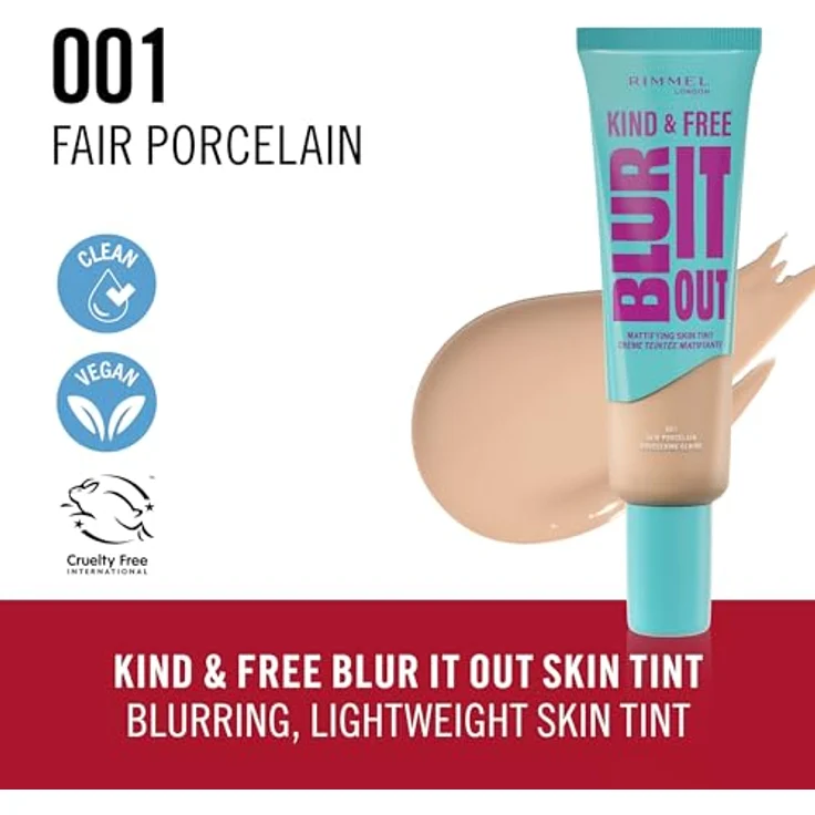 Rimmel London Kind & Free Blur It Out, Mattierende Foundation für Damen, 30 ml, 001 Fair Porcelain, vegan, LSF, glättet die Hautoberfläche – Bild 2
