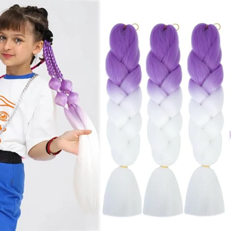 Shangxiu Braid Kunsthaar zum Einflechten, 3 Packs Braids Extensions, 24" lila-weiß, hitzebeständig, Yaki gerade Textur – Bild 1