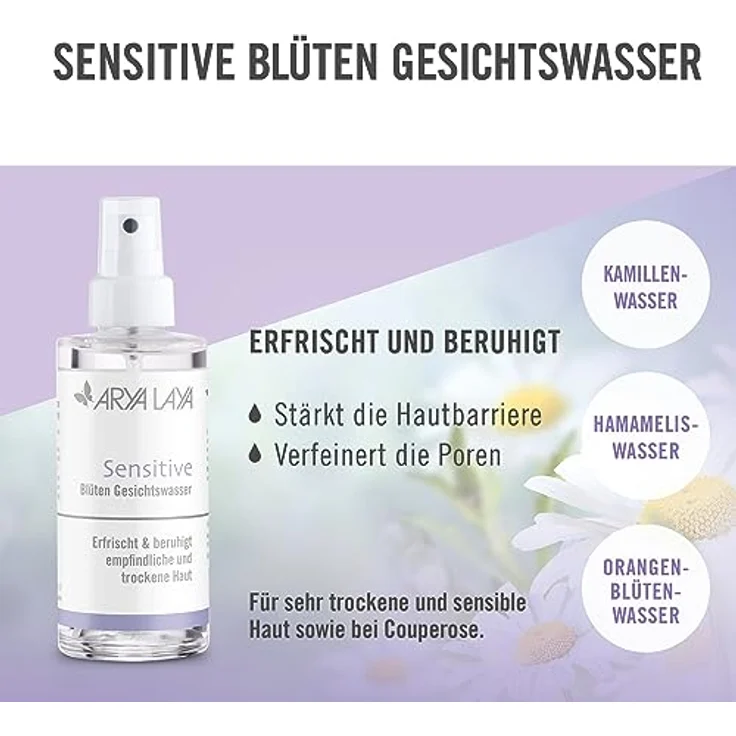 ARYA LAYA Sensitive Blüten Gesichtswasser: alkoholfreies Tonic, erfrischt und beruhigt empfindliche & trockene Haut, verfeinert die Poren, zur Vorbereitung auf nachfolgende Pflege, 100 ml – Bild 2