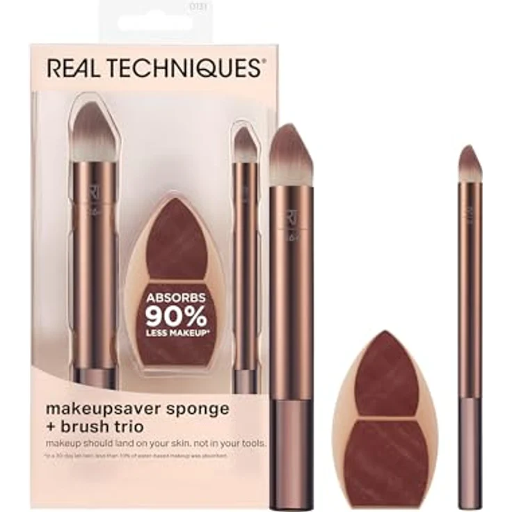 Real Techniques Makeupsaver Schwamm + Pinsel Trio, Make-up Blending Schwamm & Pinsel für flüssige & Cremeformulierungen, imitiert Fingeranwendung & reduziert Make-up-Abfall, tierversuchsfrei & – Bild 1