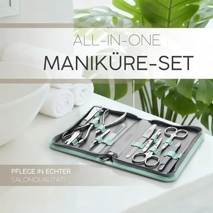 marQus Solingen Maniküre- und Pediküre Set, 12-teiliges Komplett-Kit in mintgrünem Echtleder-Etui für Hand- und Fußpflege – Bild 2
