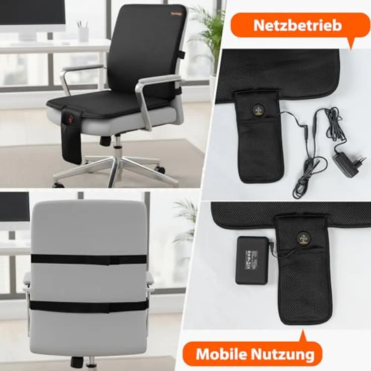 Thermrup Mobile Beheizbare Sitzauflage, Ferninfrarot Sitzheizung mit Akku- & Netzbetrieb, 3 Heizstufen, für Zuhause, Büro & Camping (40x80cm) – Bild 4