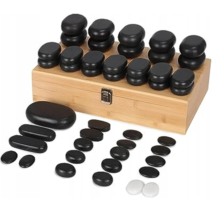 Habys Hot Stone Massagestein Set, 45-teilig aus Basalt mit Natur Bambus Box für Ganzkörpermassage – Bild 1