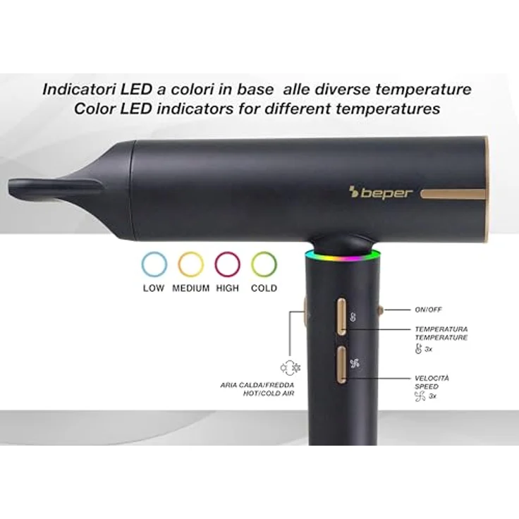 BEPER P301ASC010 Bürstenloser Haartrockner, 1800W, 3 Geschwindigkeiten, 3 Temperaturen, LED-Temperaturanzeige, selbstreinigendes Gitter, Schwarz, inkl. magnetischem Zubehör – Bild 4